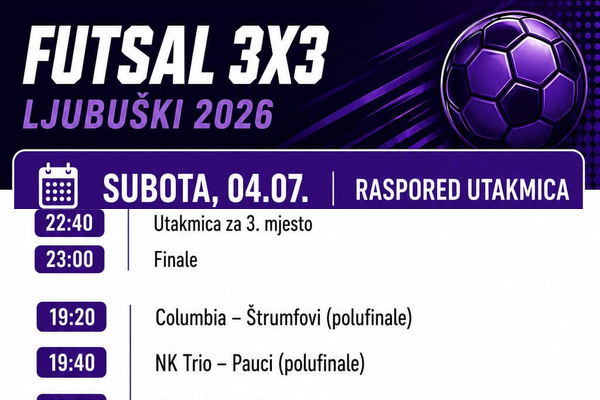 Večeras završnica Futsal 3×3 Ljubuški 2026: Poznati parovi četvrtfinala i bogat program za djecu i seniore Večeras završnica Futsal 3×3 Ljubuški 2026: Poznati parovi četvrtfinala i bogat program za djecu i seniore