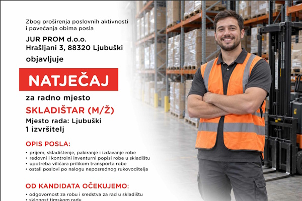 Natječaj za posao: JUR PROM traži skladištara Natječaj za posao: JUR PROM traži skladištara